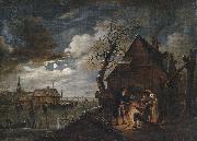 Hollandische Kanallandschaft bei Mondschein mit Schlittschuhlaufern und einem Lagerfeuer, an dem sich Bauern warmen